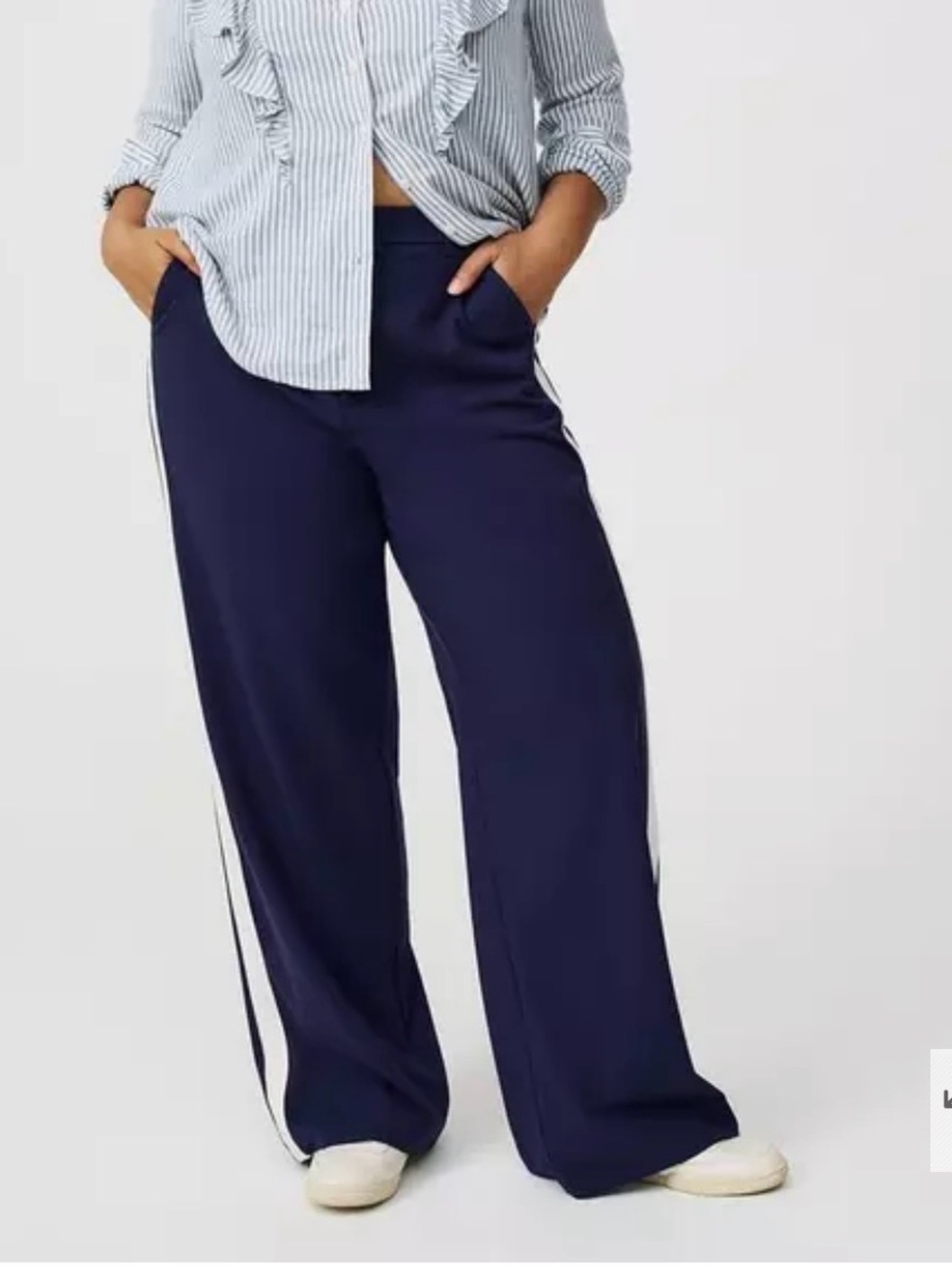 High Rise Wide-Leg Trousers Pants with Side Stripe - Navy
